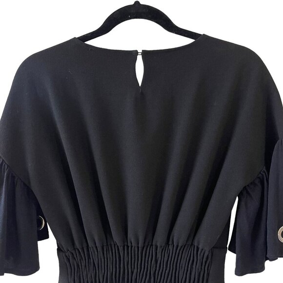 Maje Size M Rotery Grommet Trim Dress Mini LBD Flowy Rocker Bell Sleeve Flare - Picture 14 of 15